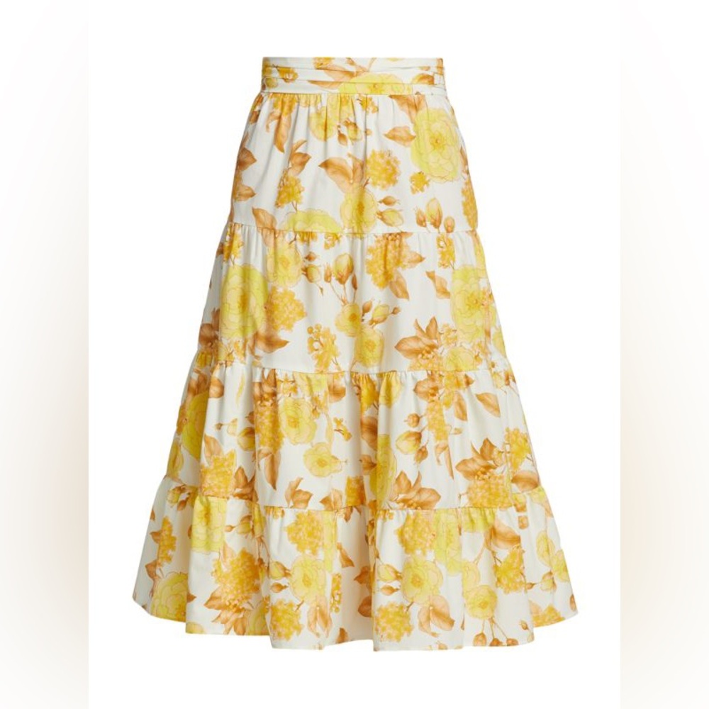 ba&sh NWT Nonder Floral Ruffle Midi Skirt Yellow Multi Size XS 0